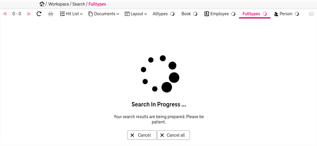 hit list with search progress wheel and buttons Cancel and Cancel all