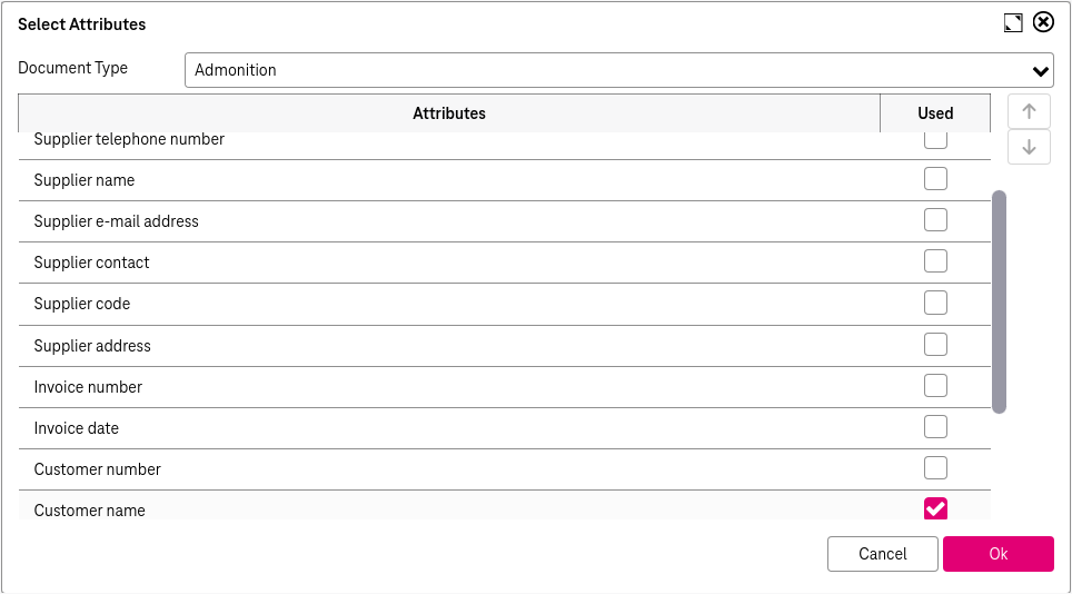 Elements from top to bottom: change the order of attributes by moving a selected field up and down with the corresponding arrows pointing up and down, activate the fields to be displayed via the check box located to the right of eacht attribute entry
