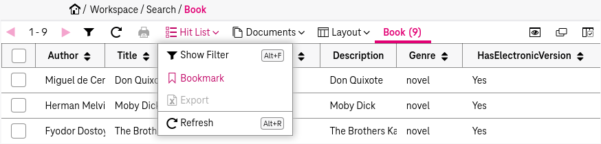 Hit list drop down menu with the selected entry "Search Bookmark"
