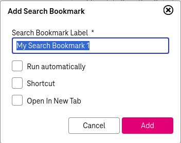 Dialog for adding a serach bookmark with field for entering name, "Run automatically" and "Shortcut" boxes and buttons for adding and canceling the process.