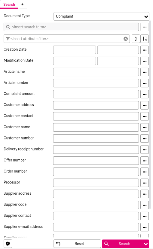 Search criteria panel with buttons for resetting and triggering the search, field for selecting document type, filtering field and  index search fields for specific attributes below