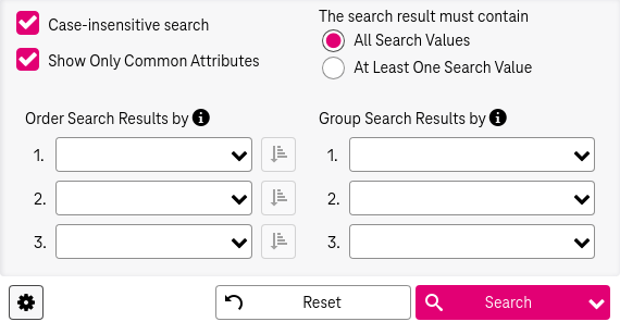 Activated check box for case-insensitive text search with active radio button "all search values" below. The alternative radio button "at least one search value" is not active. Three drop down fields are located on the right to select attributes for ordering the search results.