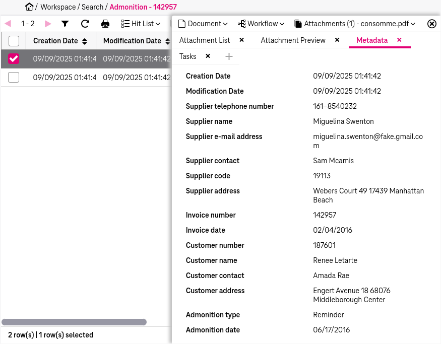 Open a panel via the link in the top left labelled "search criteria". View search results in the hit list in the left area. Open an item in the hit list to show the document preview in the right area.