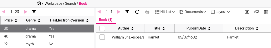 Hit list with search results and panel in the left side of the window with the search results grouped by the attributes arranged in the list