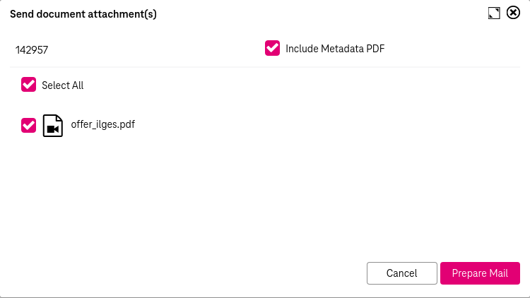 View of document attachments that can be selected via check boxes optionally including metadata and buttons in the bottom to prepare mail  or cancel