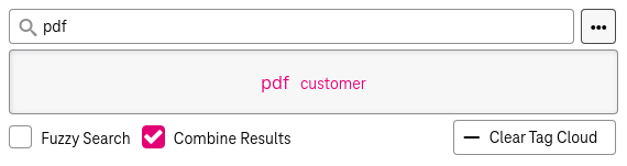 Recentrly used search terms panel with entries that represent recently used search terms differing in size, where larger entries were used more often, and a button below labelled "clear tag cloud" to remove these.