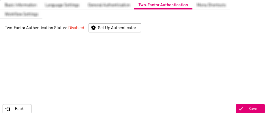 Two-Factor Authentication Status Disabled with button to "Set up Authenticator" located to the right and "Save" button below