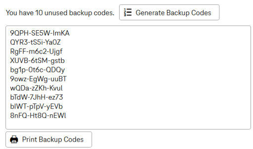 The button to generate backup codes is followed by an output field that shows generatd backup codes with a button below to print the backup codes