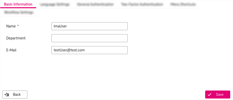 Mandatory input field for name; input field for department; input field for E-Mail; button "Save"