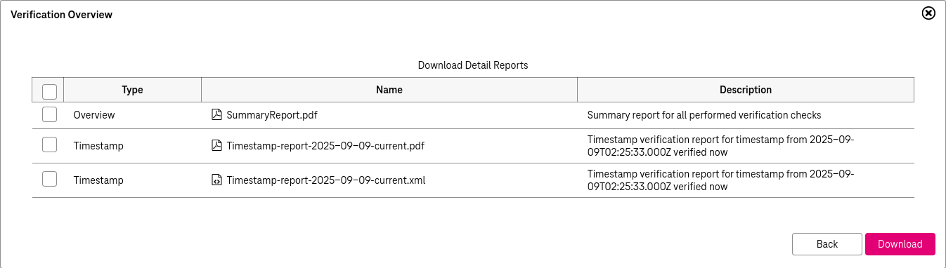 Download detailed report view in verification overview window with detailed information on report and buttons download and back.