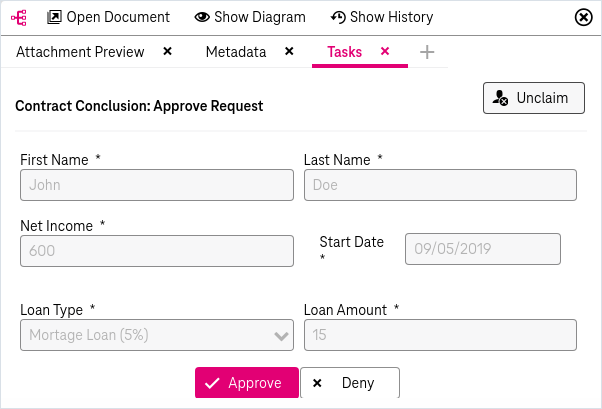 Task view with the following elements displayed from top to bottom: the processing  icon and action to open the document, attachment preview panel, metadata panel and task form panel expanded