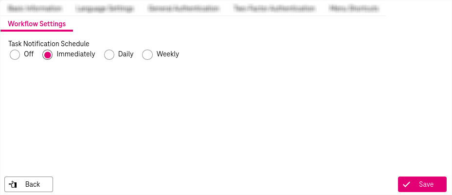 Workflow email notification settings with options for task notification schedule, buttons "save" and "back"