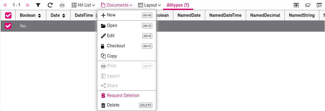 Function "Request deletion" in menu "Documents" located on top of the hit list, with one selected document in the hit list