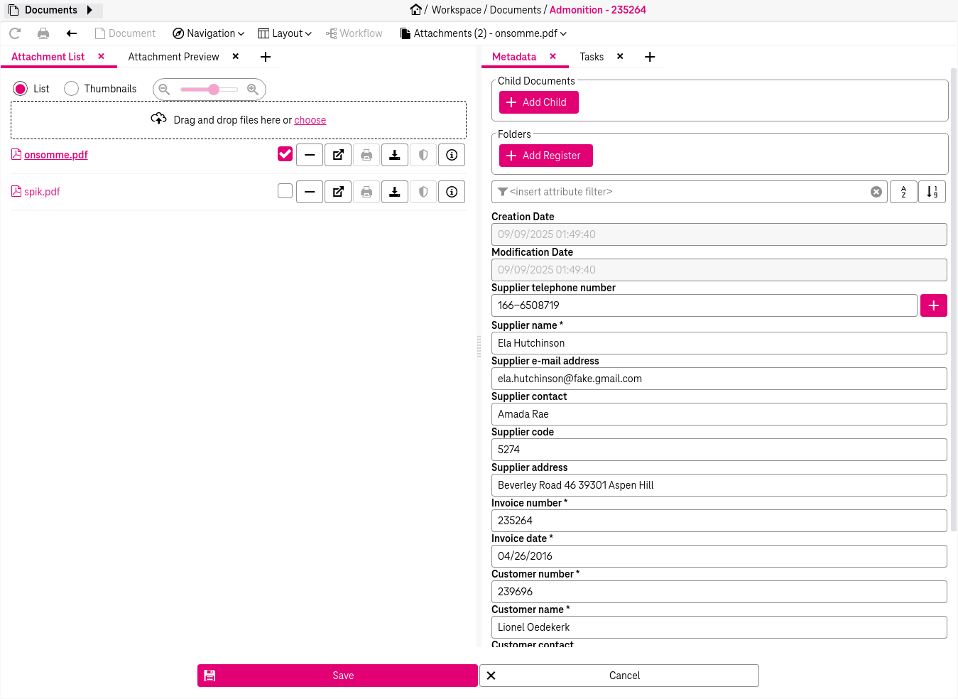Preview of the file in left area in the list view  with attribute fields in the right area and buttons to save or cancel in the bottom.
