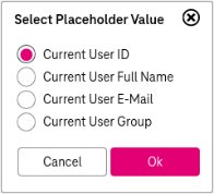 Dialog for selectiong placeholder for string attribute with selected option "current User ID"