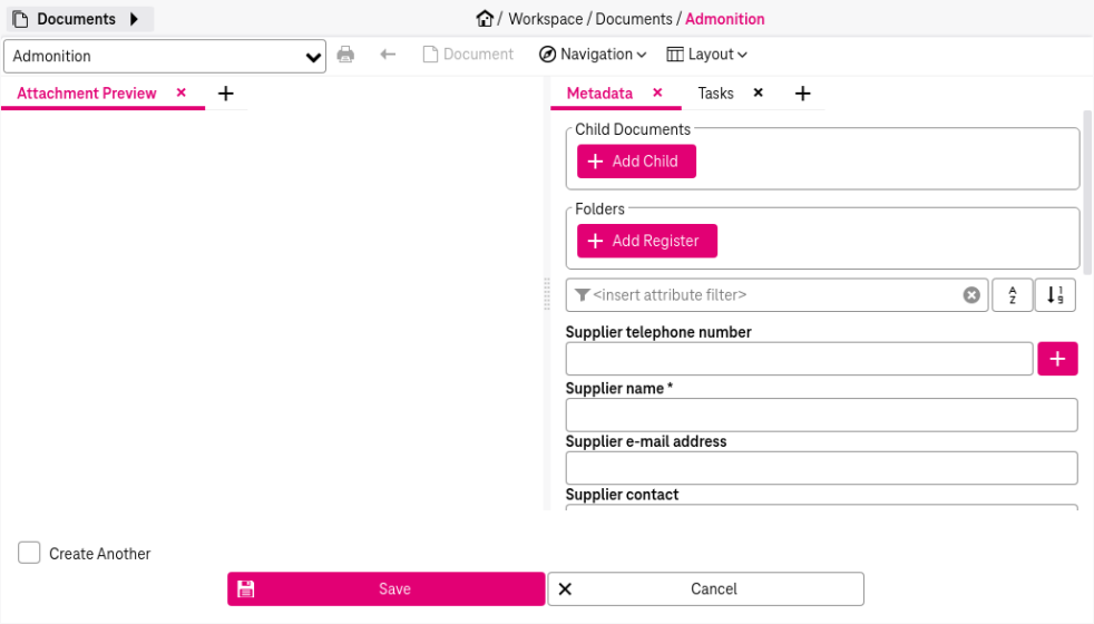 dialog with area to add attachents on the left and input fields for attribute values on the right
