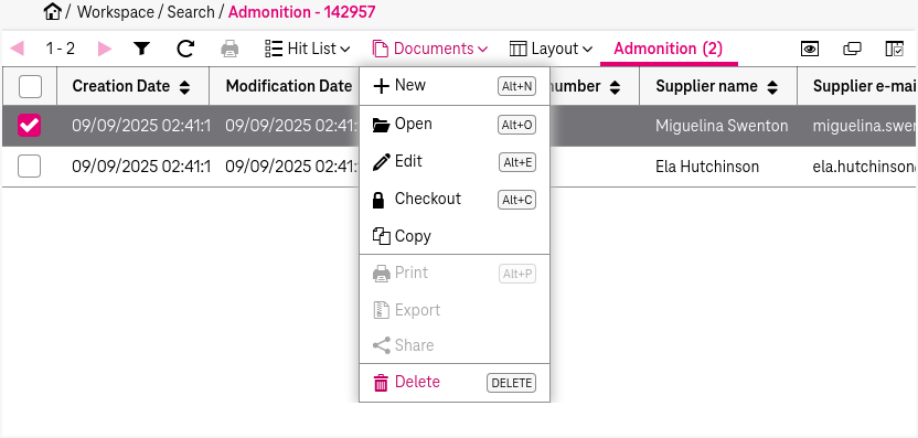 Function "Delete" in menu "Edit" located on top of the hit list, with one selected document in the hit list