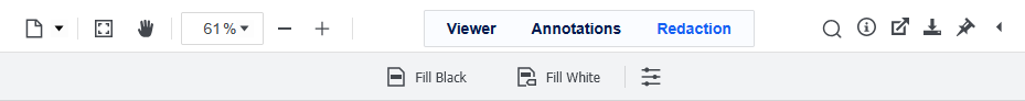 Toolbar of the extended PDF viewer with the Redaction tab active, showing Fill Black and Fill White buttons and an options icon.