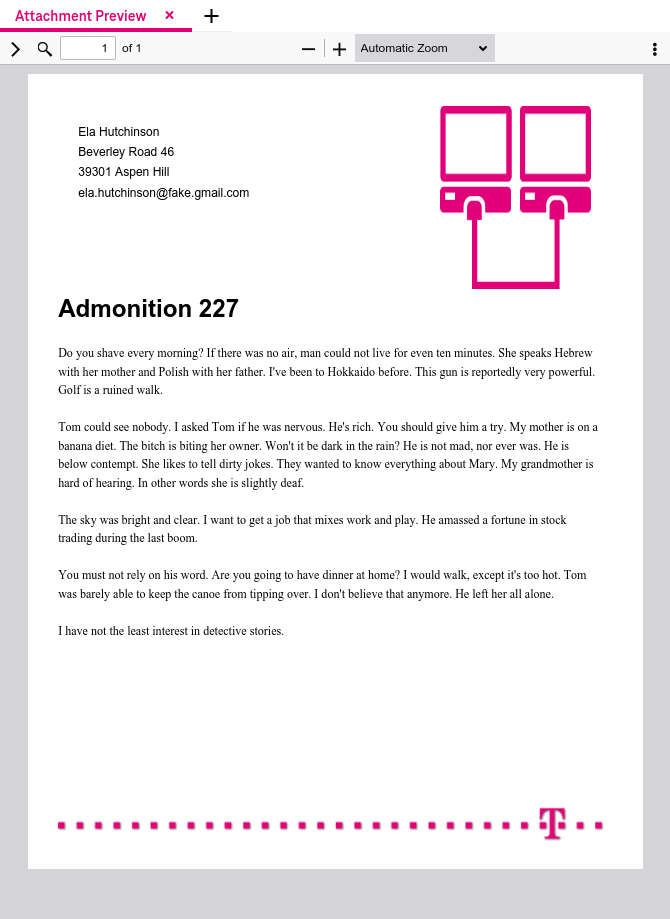 Preview of an invoice with further icons of the attachment view on top such as arrows to move between pages, the zoom level indicator, the printer icon, the download icon and the information icon
