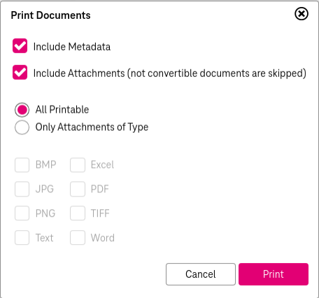 Elements from top to bottom: check box "Include Metadata"; check box "Include Attachments" with hint "not convertible documents are skipped"; choice via radio button "All printable" or "Only Attachments of Type"; list of file types to select from in case of printing only documents of specific types; buttons to print and cancel