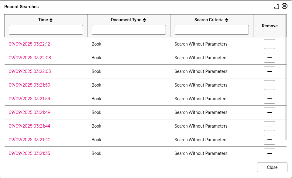 An entry of a previously opened document showing the date and time when the document was opened with a minus icon near each entry to delete