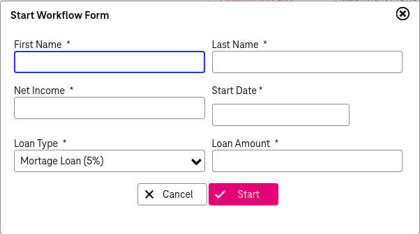 Start workflow overlay window with parameters to be filled and buttons  "cancel" and "start"