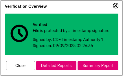 Verification overview report with the status verified on the green background and options: summary report, detailed report, and close.