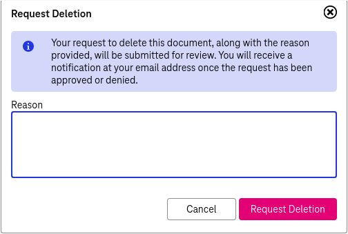 Request deletiondialog with input filed for entering reason and buttons Request Deletion and Cancel in the bottom